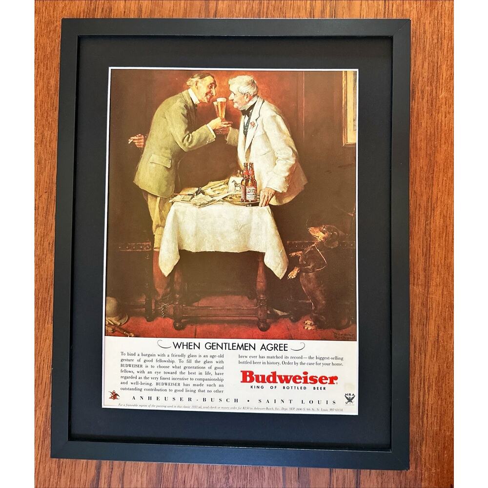 Framed Vintage Budweiser Beer Print Ad WHEN GENTLEMAN AGREE Norman Rockwell